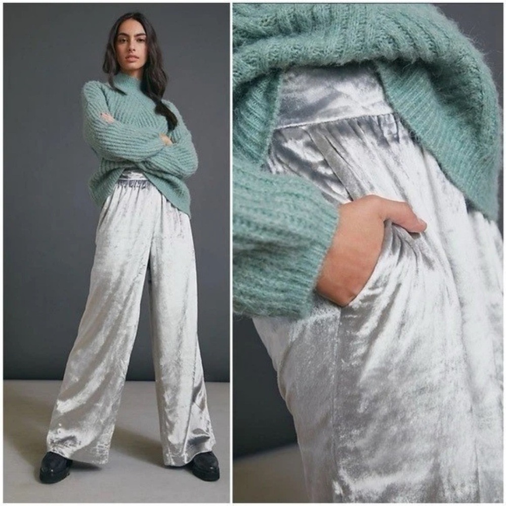 Anthropologie Maeve Anastacia Wide Leg Velvet Pants in Silver Size L Large